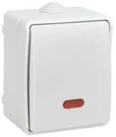 Выключатель 1-клавишный проходной IEK FORS ВС20-1-1-ФБ, с индикацией, накладной, белый, IP54