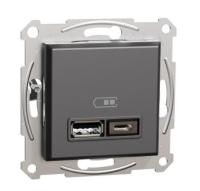 Розетка USB двойная (зарядное устройство) Schneider Electric Asfora, Type A+C, 2.4 А, с рамкой, антрацит