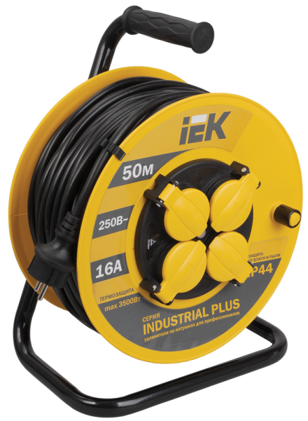 Удлинитель на катушке IEK Industrial plus УК50, 4 розетки, 50 м, 3х1.5 мм², 16 А, IP44