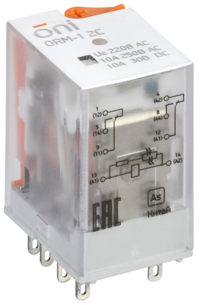 Реле интерфейсное ORM-1-2C, 10 А, 2SPDT, напряжение управления 230 В AC, индикация, тест кнопка, ONI