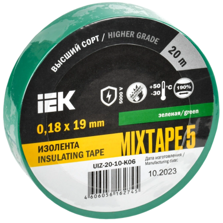 Изолента MIXTAPE5 0.18х19мм 5кВ зеленая 20м (-30..+50С) IEK — фото, характеристики