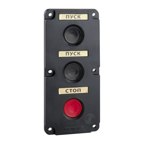 Пост кнопочный КЭАЗ ПКЕ 112-3, 10 А, 660 В, две чёрных и красная кнопка, У3 IP40