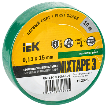 Изолента MIXTAPE3 0.13х15мм 5кВ зеленая 10м (-30..+50С) IEK