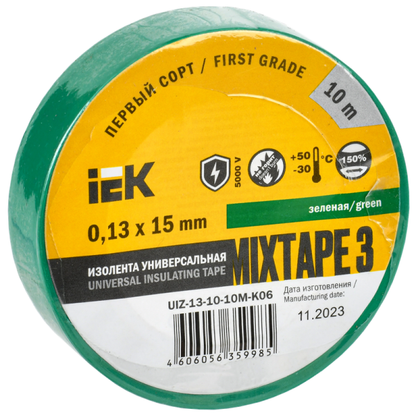 Изолента MIXTAPE3 0.13х15мм 5кВ зеленая 10м (-30..+50С) IEK