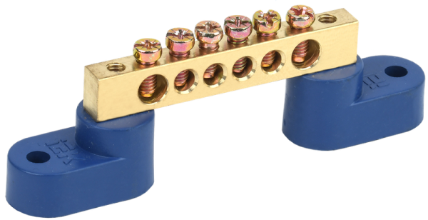 Шина N "ноль" ШНИ-6х9-6-У2-С 100А 6хМ4 на двух угловых изоляторах синий IEK