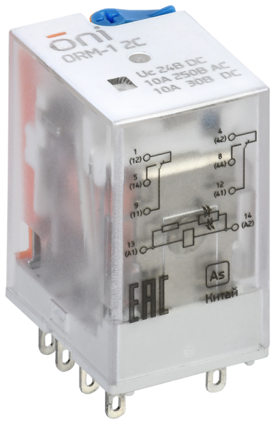 Реле интерфейсное ORM-1-2C, 10 А, 2SPDT, напряжение управления 24 В DC, индикация, тест кнопка, ONI