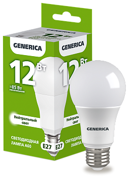 Лампа светодиодная GENERICA  A60, 12 Вт, 230 В, 4000 К, E27 