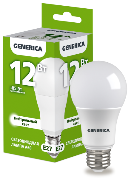 Лампа светодиодная GENERICA  A60, 12 Вт, 230 В, 4000 К, E27 