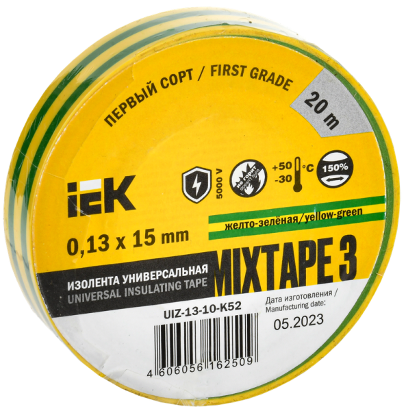 Изолента MIXTAPE3 0.13х15мм 5кВ желто-зеленая 20м (-30..+50С) IEK