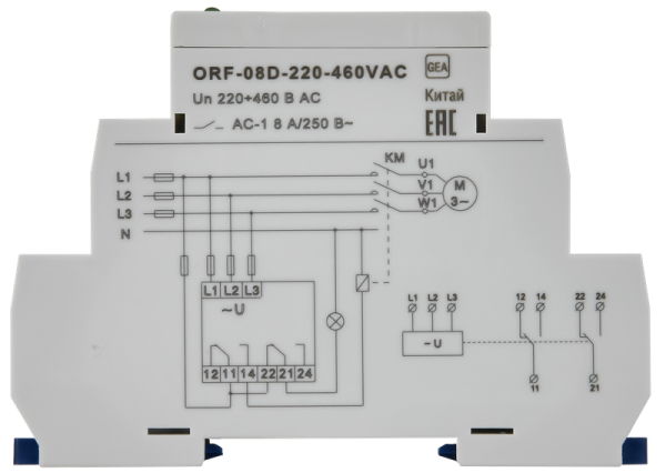 Реле контроля фаз ORF-08D, автоматическое, диапазон контроля 220-460 В AC, 2SPDT, ONI