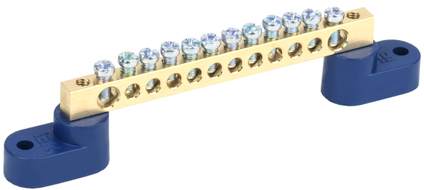 Шина N "ноль" ШНИ-6х9-12-У2-С 100А 12хМ4 на двух угловых изоляторах синий IEK