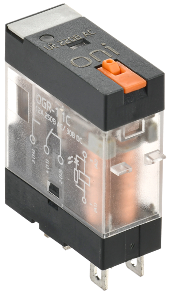 Реле промежуточное промышленное OGR-1-1C 1SPDT 12А Uупр=230VAC индикация и кнопка "тест" ONI