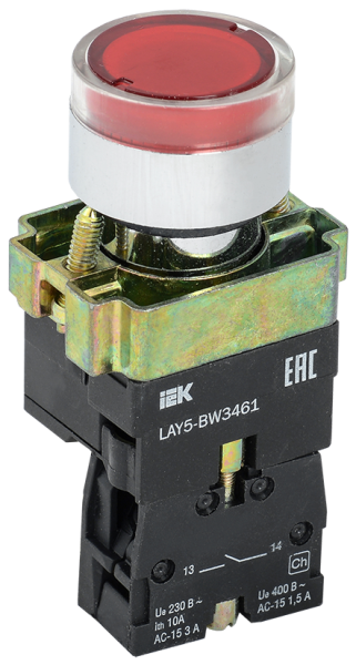 Кнопка IEK LAY5-BW3461 с подсветкой 240 В, 1NC, красная, IP40