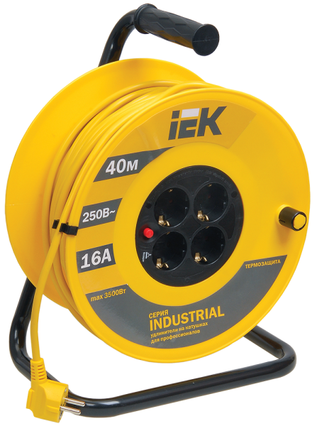 Удлинитель на катушке IEK Industrial УК40, 4 розетки, 40 м, 3х1.5 мм², 16 А, IP20