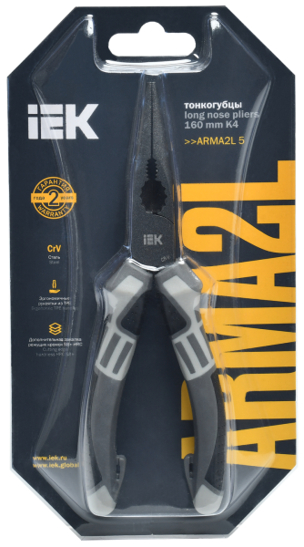 Тонкогубцы ARMA2L5 K4 160мм двухкомпонентная рукоятка IEK