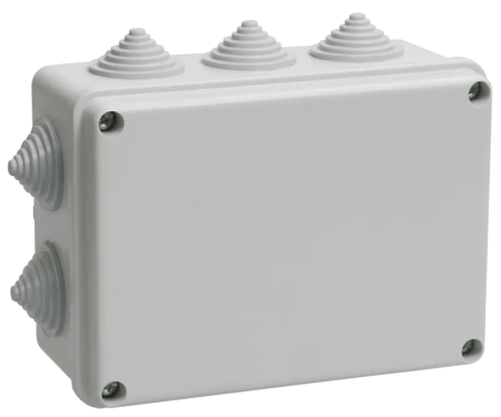Коробка распаячная IEK КМ41242, 150х110х70 мм, для открытой проводки, 10 вводов, серая, IP55 — фото, характеристики