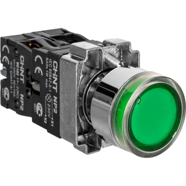 Кнопка управления CHINT NP2-BW3361, зеленая, 1NO, с подсветкой 230 В, Ø 22 мм, IP40