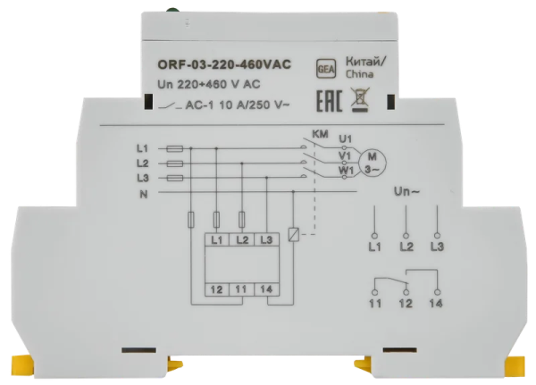 Реле контроля фаз трехфазное IEK ORF-03, 10 А, диапазон контроля 220-460 В, 1SPDT, автоматическое