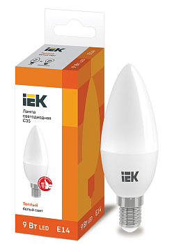 Лампа светодиодная IEK C35, E14, 9 Вт, 230 В, 3000 К, свеча