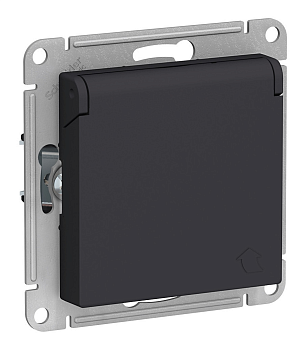 Розетка 1-местная AtlasDesign, 16 А, с заземлением, шторки, крышка, карбон