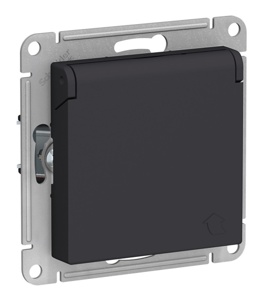 Розетка 1-местная AtlasDesign, 16 А, с заземлением, шторки, крышка, карбон