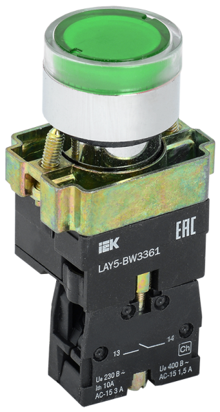 Кнопка IEK LAY5-BW3361 с подсветкой 240 В, 1NO, зеленая, IP40