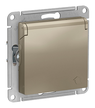 Розетка 1-местная AtlasDesign, 16 А, с заземлением, шторки, крышка, шампань