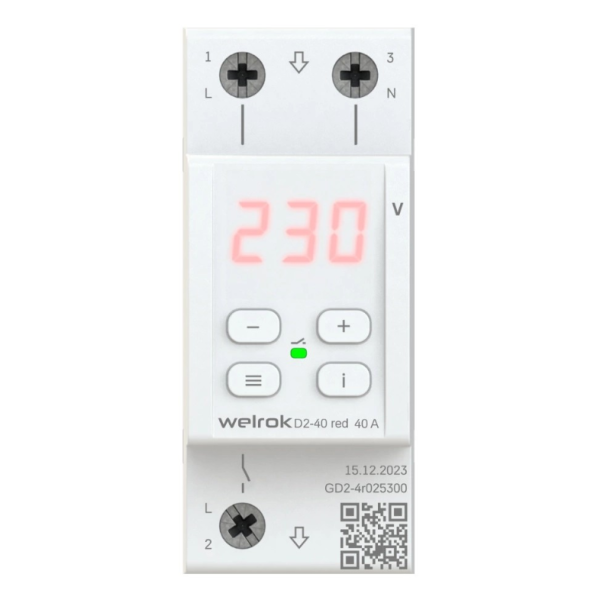 Реле контроля напряжения Welrok D2-40-RED L+N 40А диапазон контроля 140-260 В