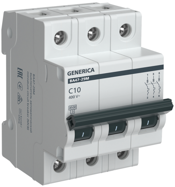 Автоматический выключатель ВА47-29 3Р 10А 4.5кА С GENERICA IEK